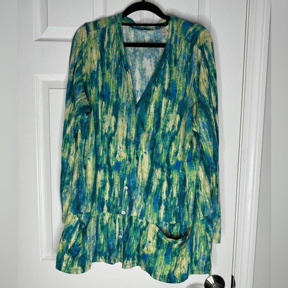 LOGO LORI GOLDSTEIN Blue Green Watercolor Mother Of Pearl Button Up Cardigan 1X - Picture 2 of 5